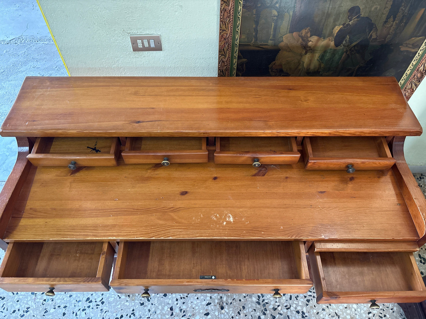 Scrivania consolle legno massello 88x135x60 cm vintage rustica 6 cassetti Mercatino Usato Crotone