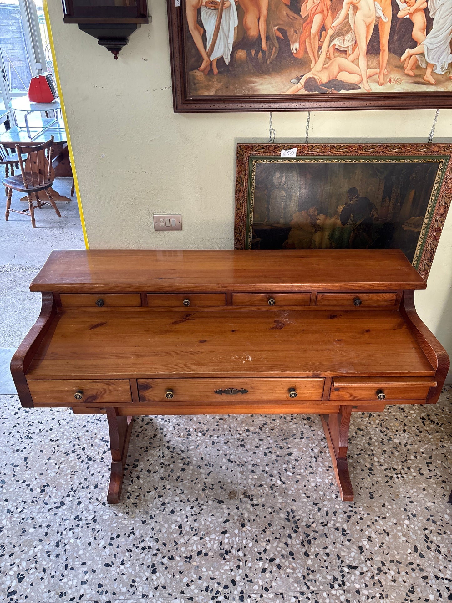 Scrivania consolle legno massello 88x135x60 cm vintage rustica 6 cassetti Mercatino Usato Crotone
