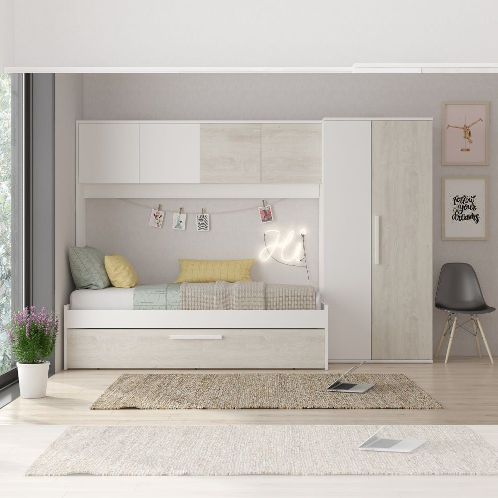 Cameretta a ponte 6006 con letto estraibile e armadio colore bianco consumato e bianco reversibile Effezeta