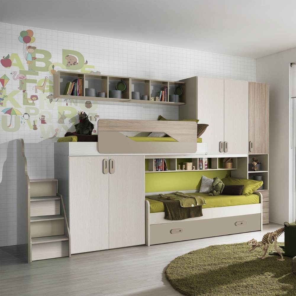 Cameretta soppalco Milly con 3 letti colore talco verde e brown Effezeta