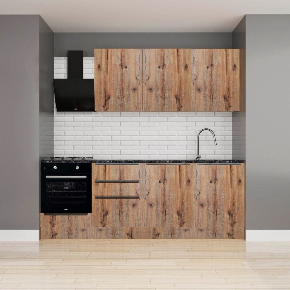 Cucina Casale 240 cm. reversibile con elettrodomestici inclusi con cassa bianca e ante rovere detroit Effezeta