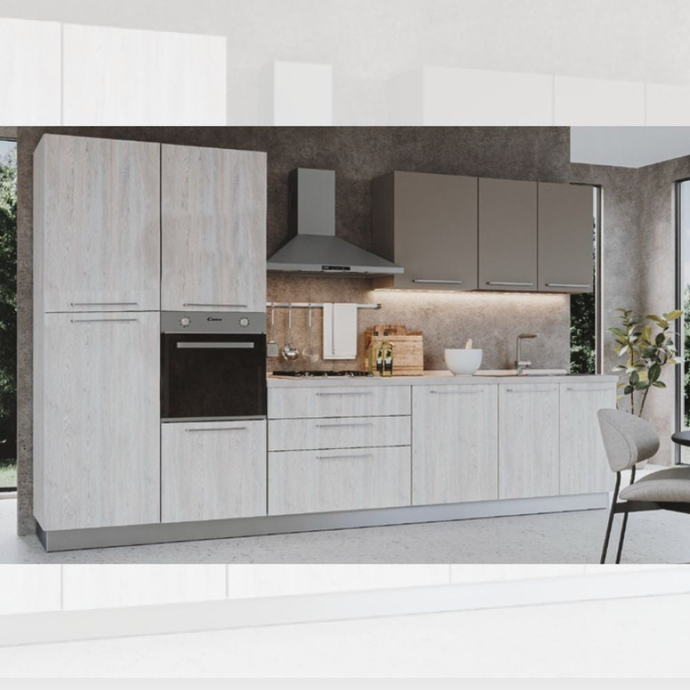 Cucina Iris 360 cm rovere virginia tortora con elettrodomestici reversibile Effezeta