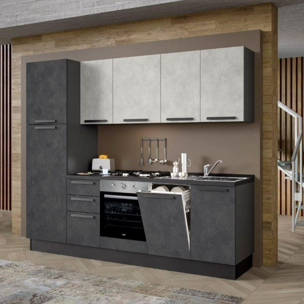 Cucina Licola 255x216 H reversibile colore iron e pensili spatolato con lavastoviglie Effezeta