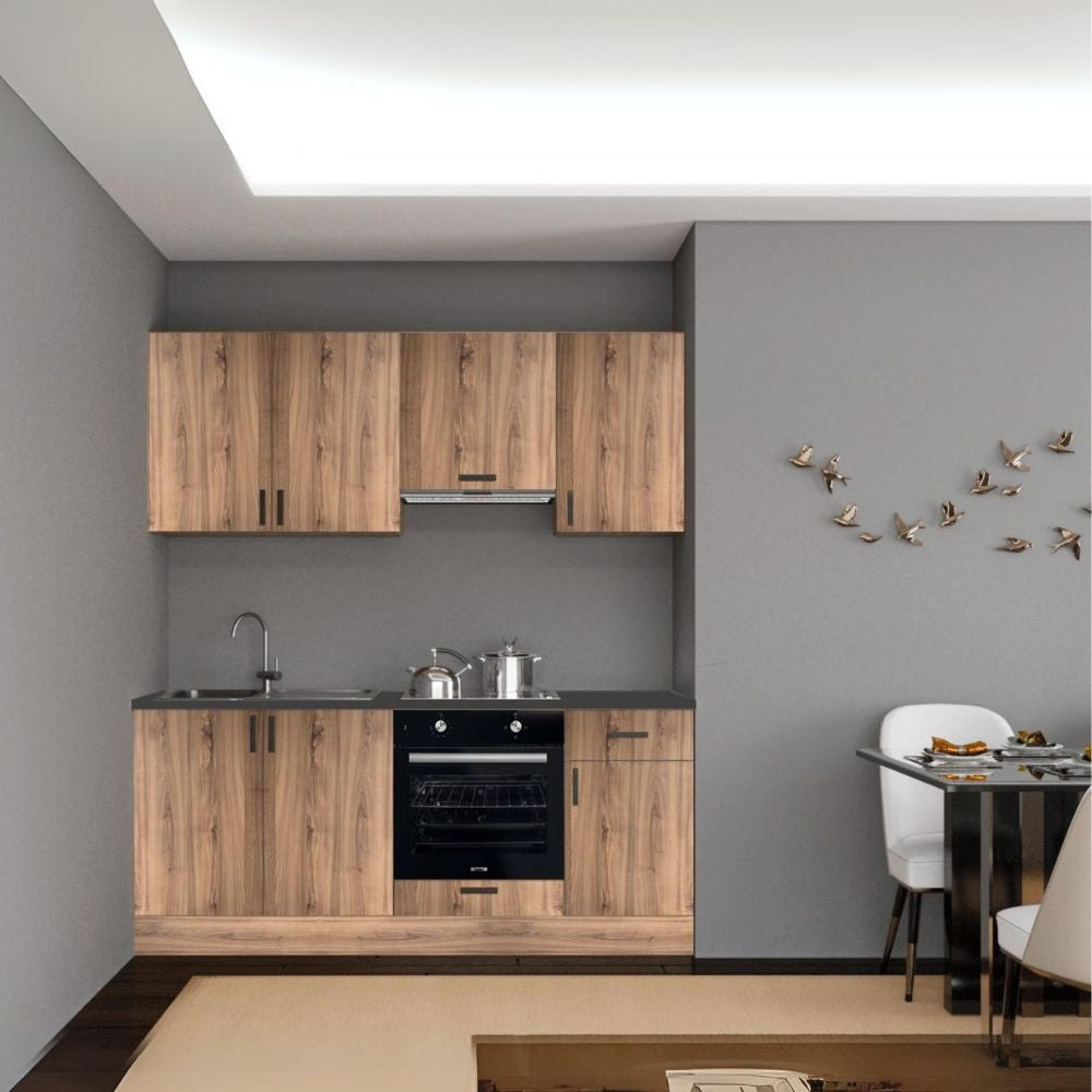 Cucina Taurus 195 cm. reversibile elettrodomestici inclusi colore rovere nodato con maniglie in metallo nero Effezeta