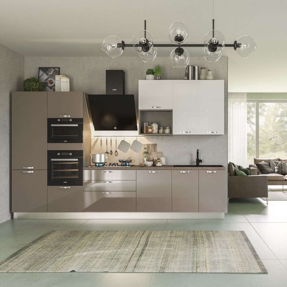 Cucina Zara Glam 360 cm tortora lucido e bianco sinistra con lavastoviglie Effezeta