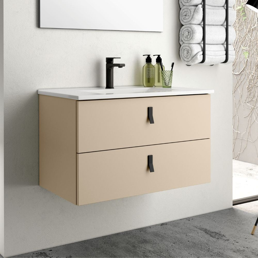 Mobile bagno sospeso Invicta con due cassetti colore cappuccino con maniglie nere 80x48x45 cm. Effezeta