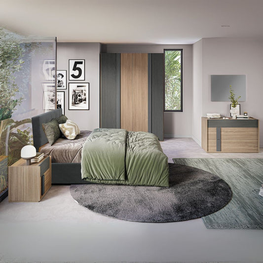 Camera da letto Faba con armadio 4 ante battenti in noce e grigio e con letto contenitore Ascoli colore grigio Effezeta