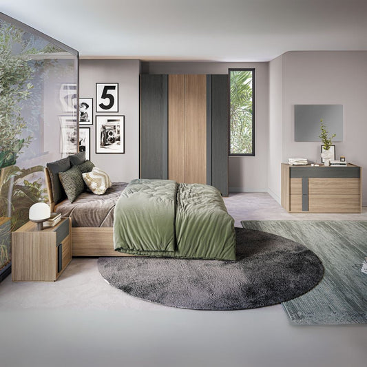 Camera da letto Faba con armadio 4 ante noce e grigio e letto contenitore in legno noce Effezeta