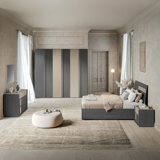 Camera da letto Faba con armadio 6 ante battenti in grigio e talco e letto contenitore in legno colore grigio e dettaglio talco Effezeta