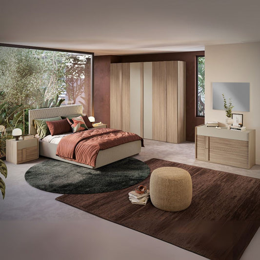 Camera da letto Faba con armadio 6 ante battenti in noce e talco e con letto contenitore imbottito Parigi in tessuto corda Effezeta
