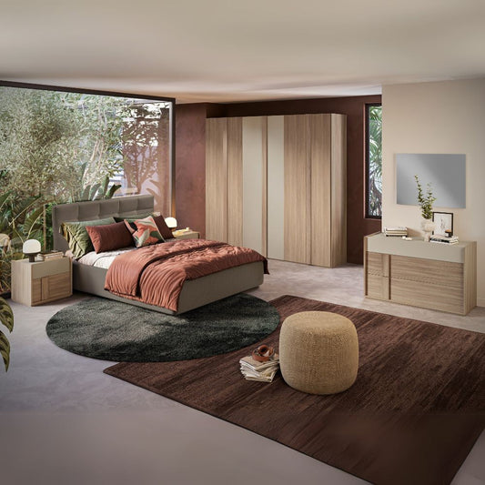 Camera da letto Faba con armadio 6 ante battenti noce e talco e letto contenitore imbottito Napoli tortora Effezeta