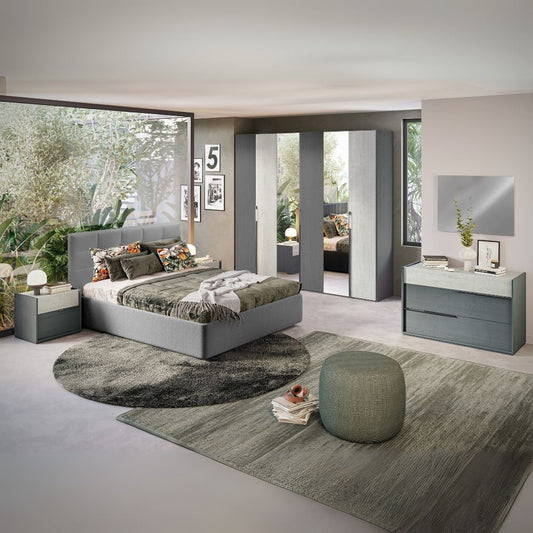 Camera da letto Faba in grigio e cemento con armadio 6 ante battenti a specchio e letto contenitore Ascoli grigio Effezeta
