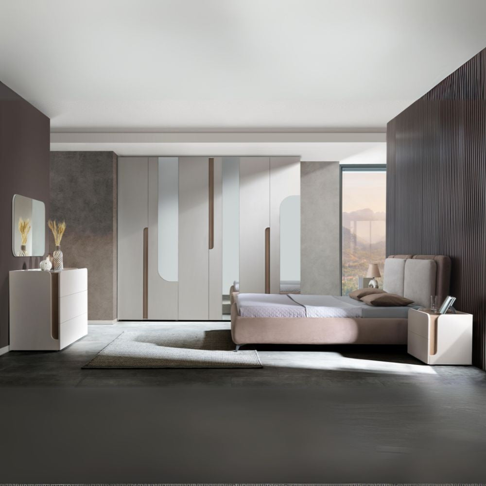 Camera da letto Loana con letto imbottito contenitore e armadio 6 ante con specchi colore cashmere biscotto Effezeta