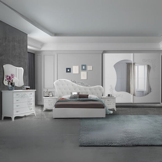Camera da letto Marsida colore bianco larice con armadio 2 ante scorrevoli con serigrafia glitter Effezeta