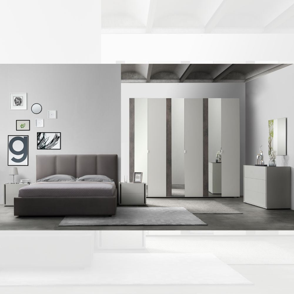 Camera da letto Mirelle colore bianco e ossido grigio scuro con armadio 6 ante a specchi e letto contenitore