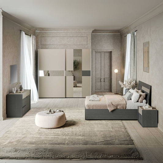 Camera da letto Tania con armadio 2 ante scorrevoli con specchi e letto contenitore in legno in colori grigio e talco Effezeta