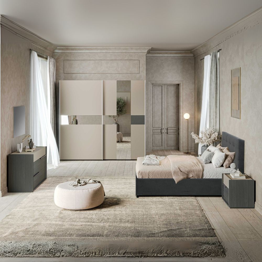 Camera da letto Tania in grigio e talco con armadio 2 ante scorrevoli con specchi e letto contenitore Ascoli grigio Effezeta