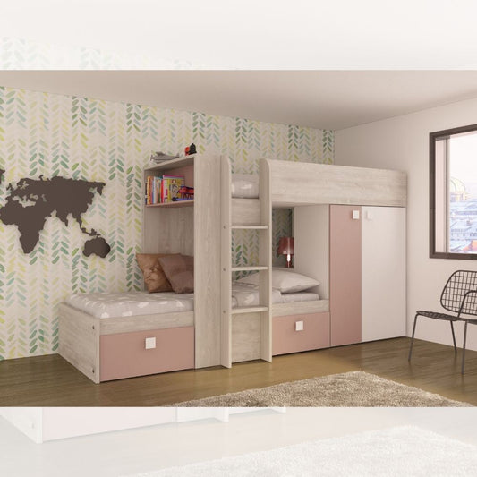Cameretta 1262 con letto a castello con due cassettoni e armadio reversibile colore bianco consumato e rosa antico Effezeta
