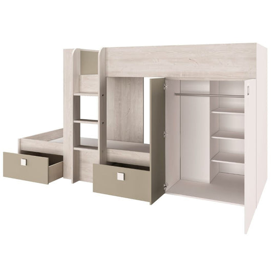 Cameretta 1264 con letto a castello con due cassettoni e armadio reversibile colore bianco consumato e tortora Effezeta