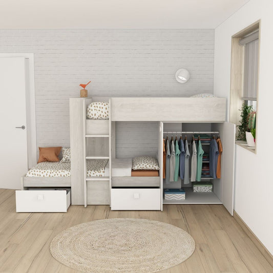 Cameretta 1266 con letto a castello con due cassettoni e armadio reversibile colore bianco vintage Effezeta