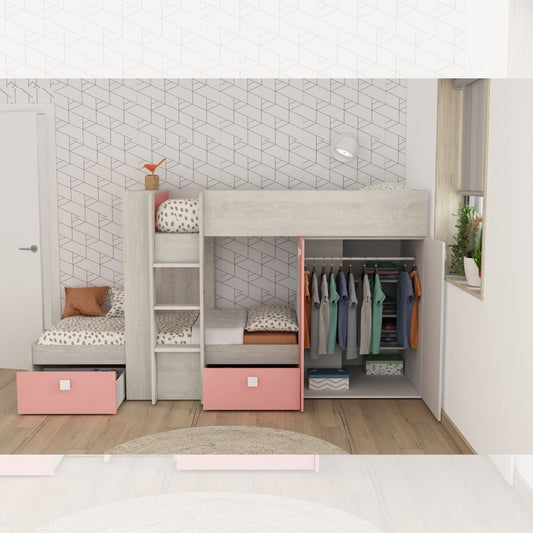Cameretta 1267 con letto a castello con due cassettoni e armadio reversibile colore bianco consumato e rosa flamingo Effezeta