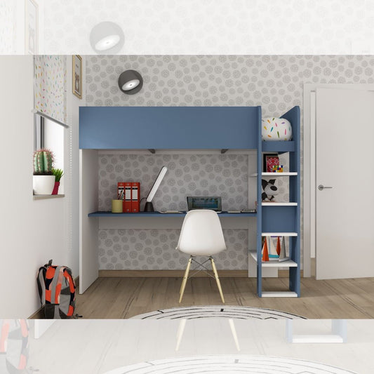 Cameretta 2276 con letto a soppalco con scrivania sottostante colore bianco e azzurro Effezeta
