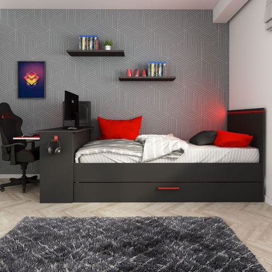 Cameretta 5040 con letto singolo con letto estraibile e scrivania incorporata colore antracite e rosso reversibile Effezeta