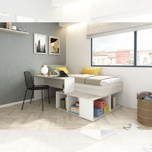 Cameretta 6040 con letto singolo e scrivania reversibile colore bianco consumato e bianco Effezeta
