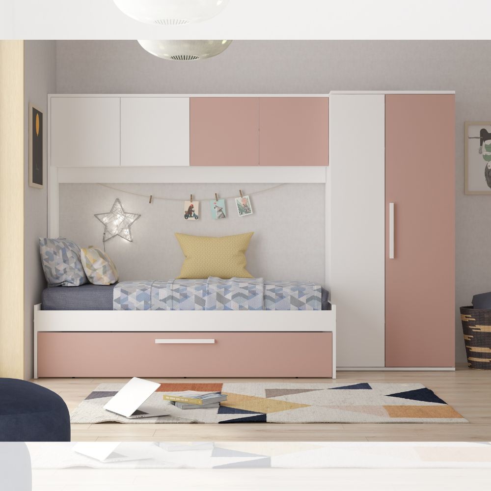 Cameretta a ponte 6007 con letto estraibile e armadio colore bianco e rosa antico reversibile Effezeta