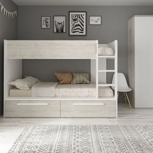 Cameretta con letto a castello con cassettoni colore bianco consumato e bianco reversibile Effezeta
