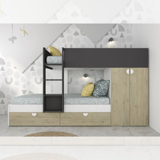 Cameretta con letto a castello con cassettoni e armadio reversibile colore rovere e antracite Effezeta