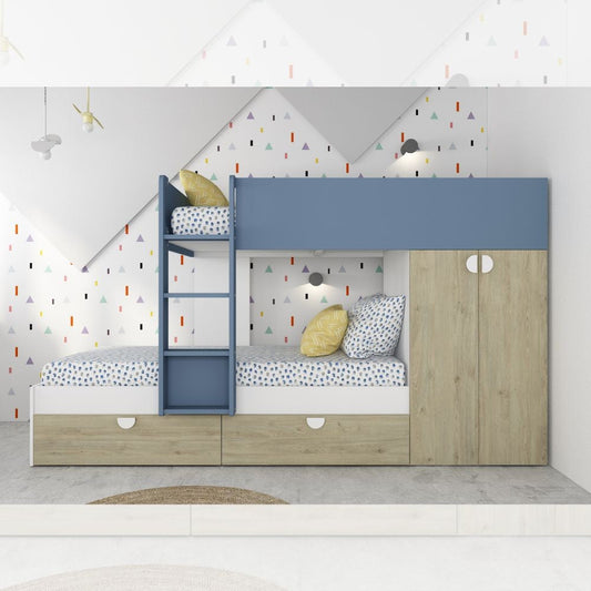 Cameretta con letto a castello con cassettoni e armadio reversibile colore rovere e azzurro Effezeta