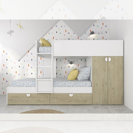 Cameretta con letto a castello con cassettoni e armadio reversibile colore rovere e bianco Effezeta