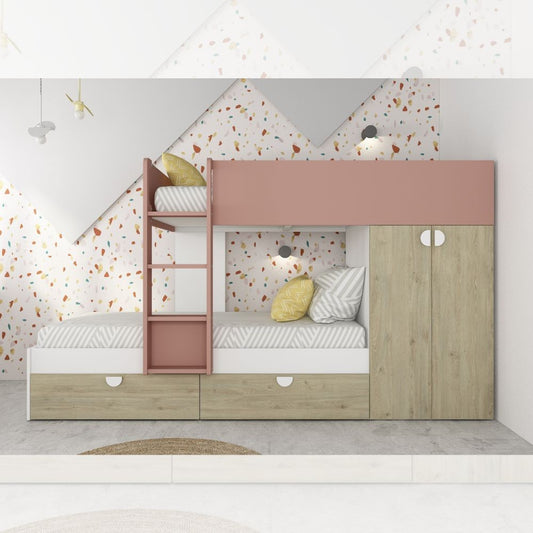 Cameretta con letto a castello con cassettoni e armadio reversibile colore rovere e rosa antico Effezeta