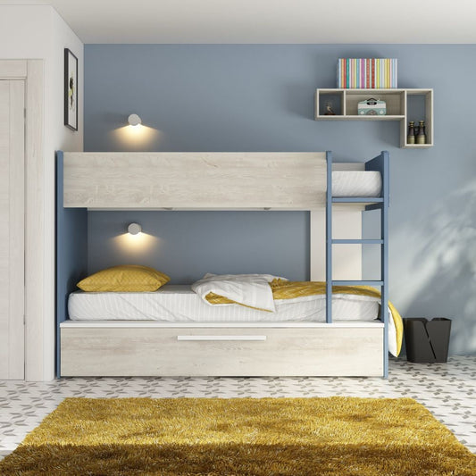 Cameretta con letto a castello con letto estraibile colore bianco consumato e azzurro reversibile Effezeta