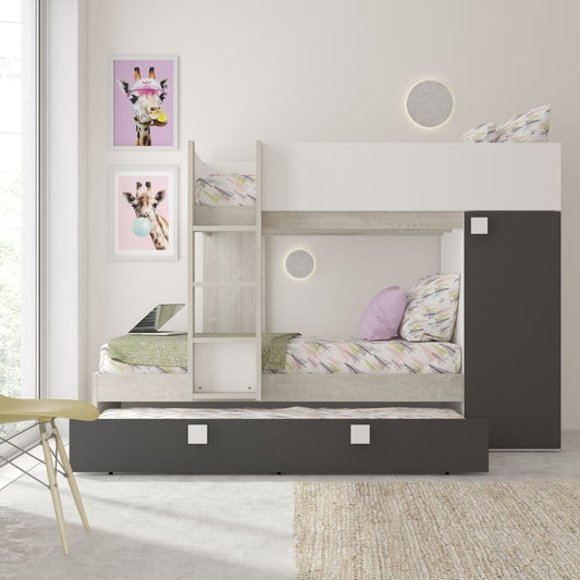 Cameretta con letto a castello e letto estraibile con armadio integrato colore bianco consumato e antracite reversibile Effezeta