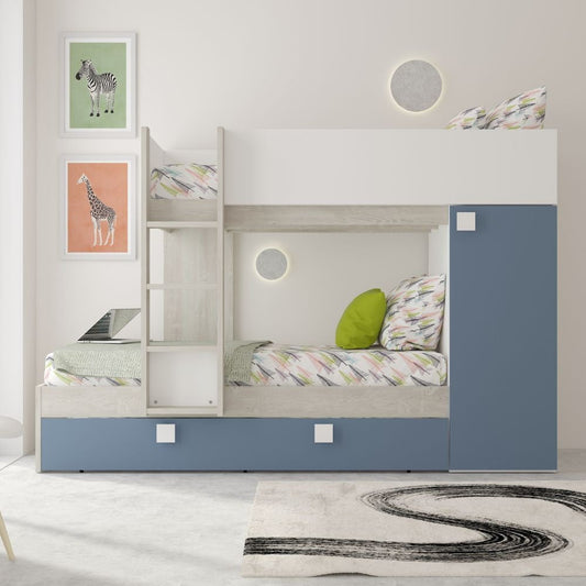 Cameretta con letto a castello e letto estraibile con armadio integrato colore bianco consumato e azzurro reversibile Effezeta