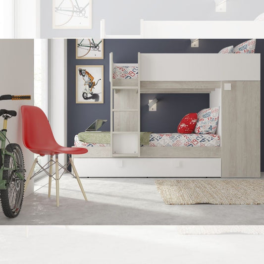 Cameretta con letto a castello e letto estraibile con armadio integrato colore bianco consumato e bianco reversibile Effezeta
