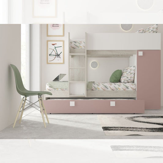 Cameretta con letto a castello e letto estraibile con armadio integrato colore bianco consumato e rosa antico reversibile Effezeta