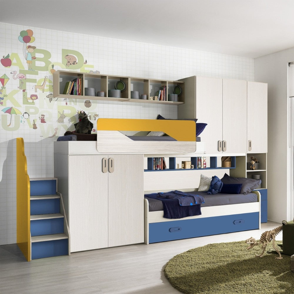 Cameretta soppalco Milly con 3 letti colore  kiri avio giallo Effezeta