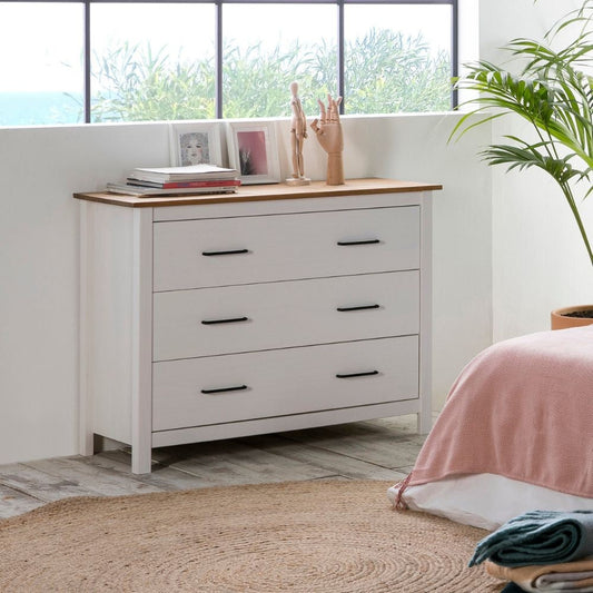 Comò Miranda con 3 cassetti in legno massiccio bianco e top pino Effezeta
