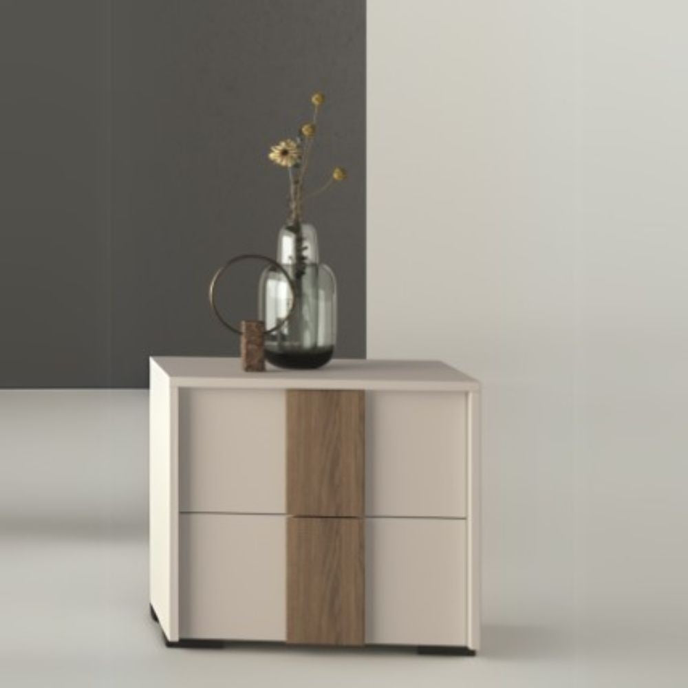 Comodino Kross 2 cassetti bianco nuvola top mat e maniglione noce america Effezeta
