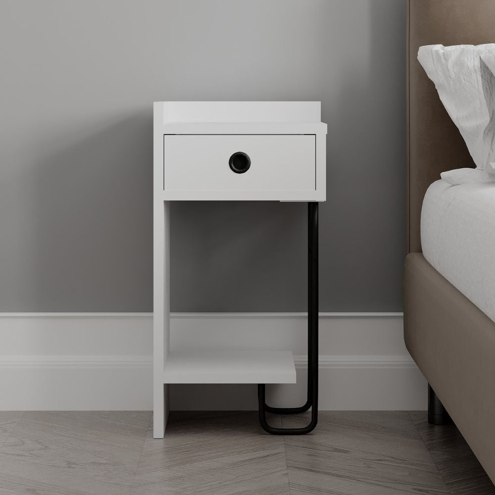 Comodino Sirius bianco con cassetto e gamba in metallo nero sinistro Effezeta