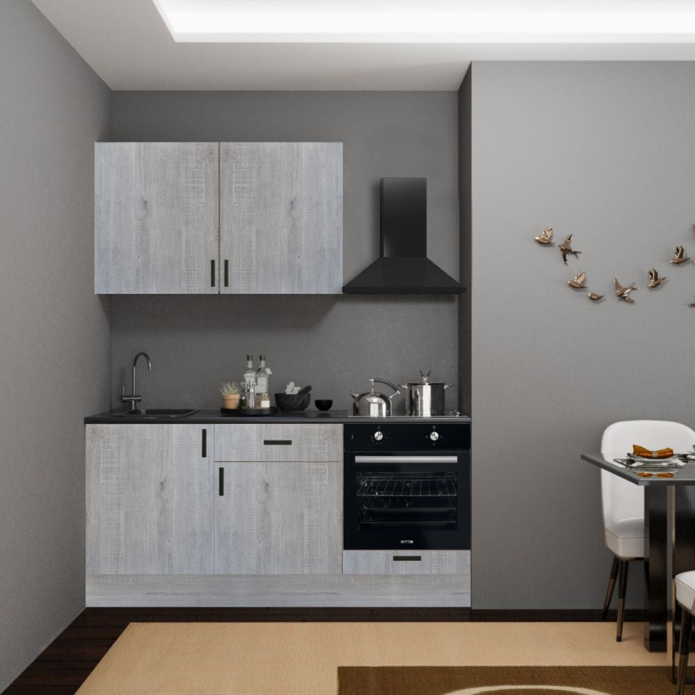 Cucina Asti 180 cm. reversibile elettrodomestici inclusi colore rovere grigio chiaro e maniglie in metallo nero Effezeta