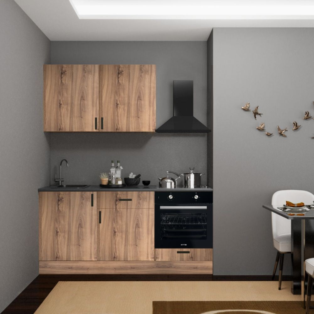Cucina Asti 180 cm. reversibile elettrodomestici inclusi colore rovere nodato e maniglie in metallo nero Effezeta