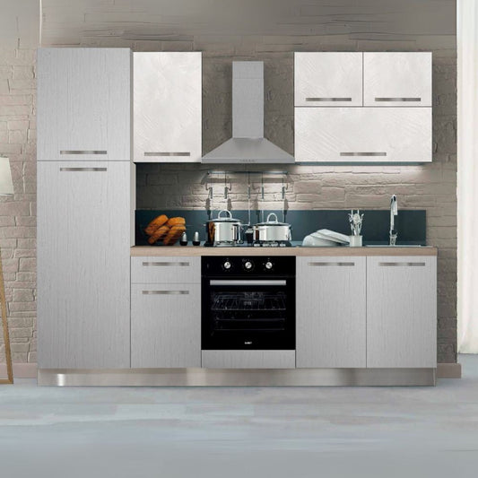 Cucina bloccata Molly in canyon white con struttura tortora e pensili spatolato 255x216H cm elettrodomestici inclusi Effezeta