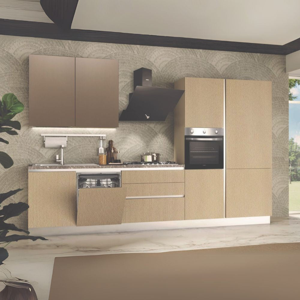 Cucina completa Lily Destra con struttura in grigio perla pensili in ossido e basi e colonne sabbia Effezeta