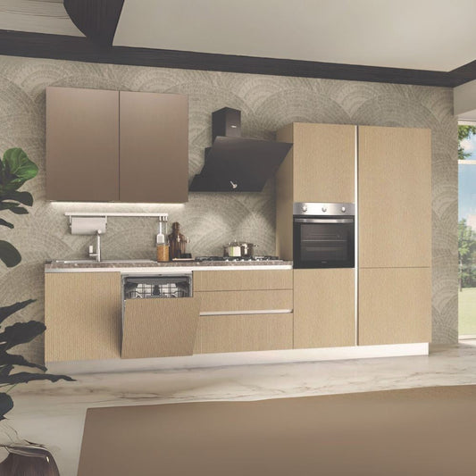 Cucina completa Lily Destra con struttura in grigio perla pensili in ossido e basi e colonne sabbia Effezeta