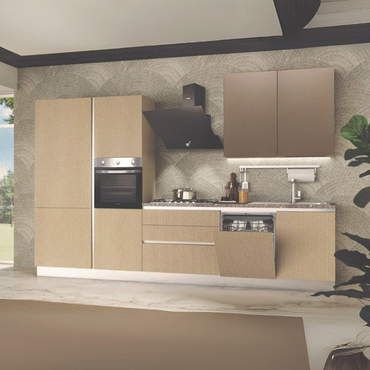 Cucina completa Lily Sinistra con struttura in grigio perla pensili in ossido e basi e colonne sabbia Effezeta