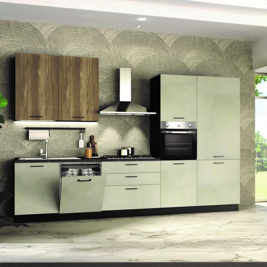 Cucina completa Micol destra con struttura in antracite basi e colonne in cemento bianco e pensili in olmo tabacco Effezeta